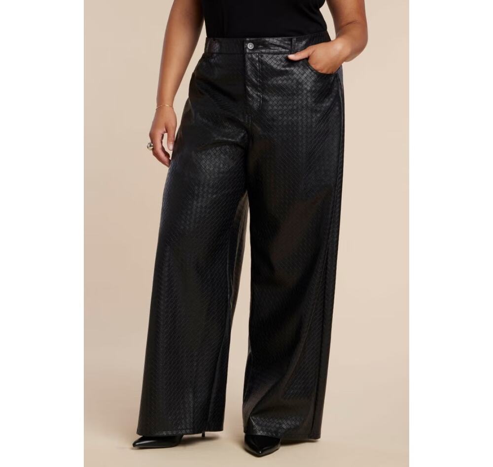NWT Eloquii Basket Weave Faux Leather Wide Leg Pants Brown High Waist Size 14